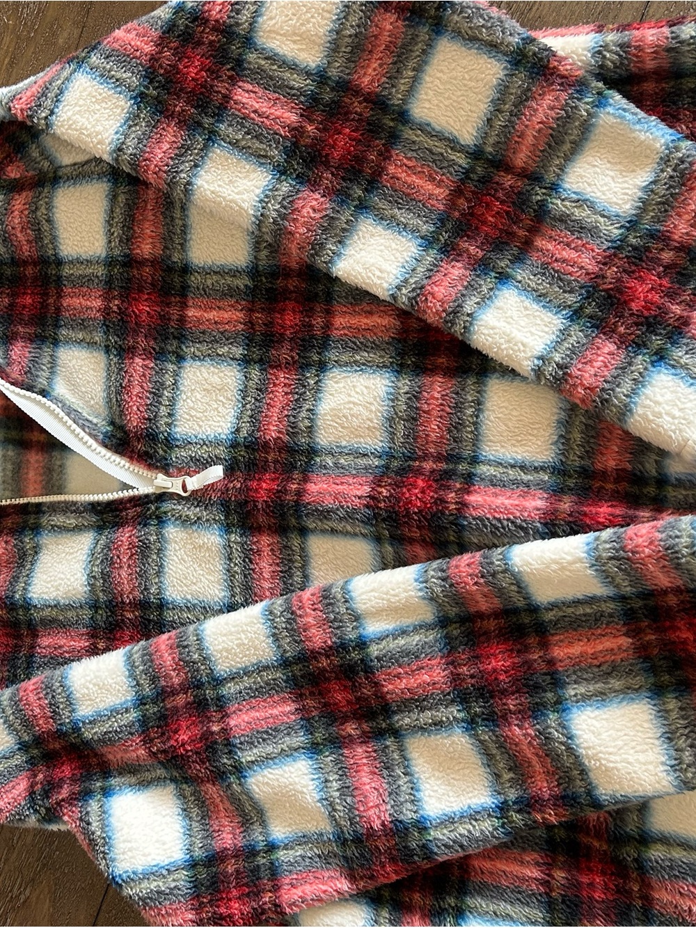 J.Crew Plaid Sherpa Zip Jacket in Cream, Red & Blue